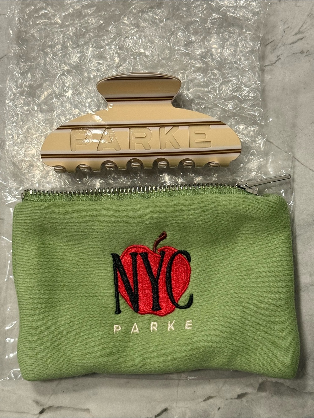 PARKE NYC Yellow w Brown Stripes Hair Clip with Green Embroidered Pouch